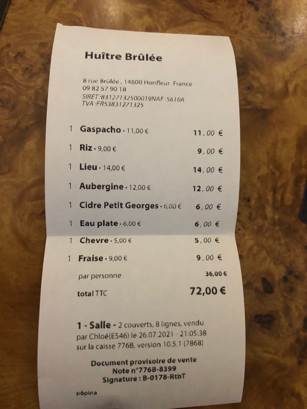 L'Huitre Brulee Facture 2