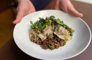 Raviolis de cochon, riz au yuzu kosho et olives taggiasche