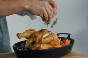 Volaille rôtie, potimarron et patate douce