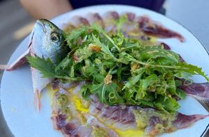 Sashimi sugatamori de saupe, mesclun et aïoli à la pulpe de tomate