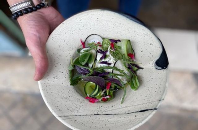 Quenelle de ricotta, concombre en saumure et eau de concombre à la vodka