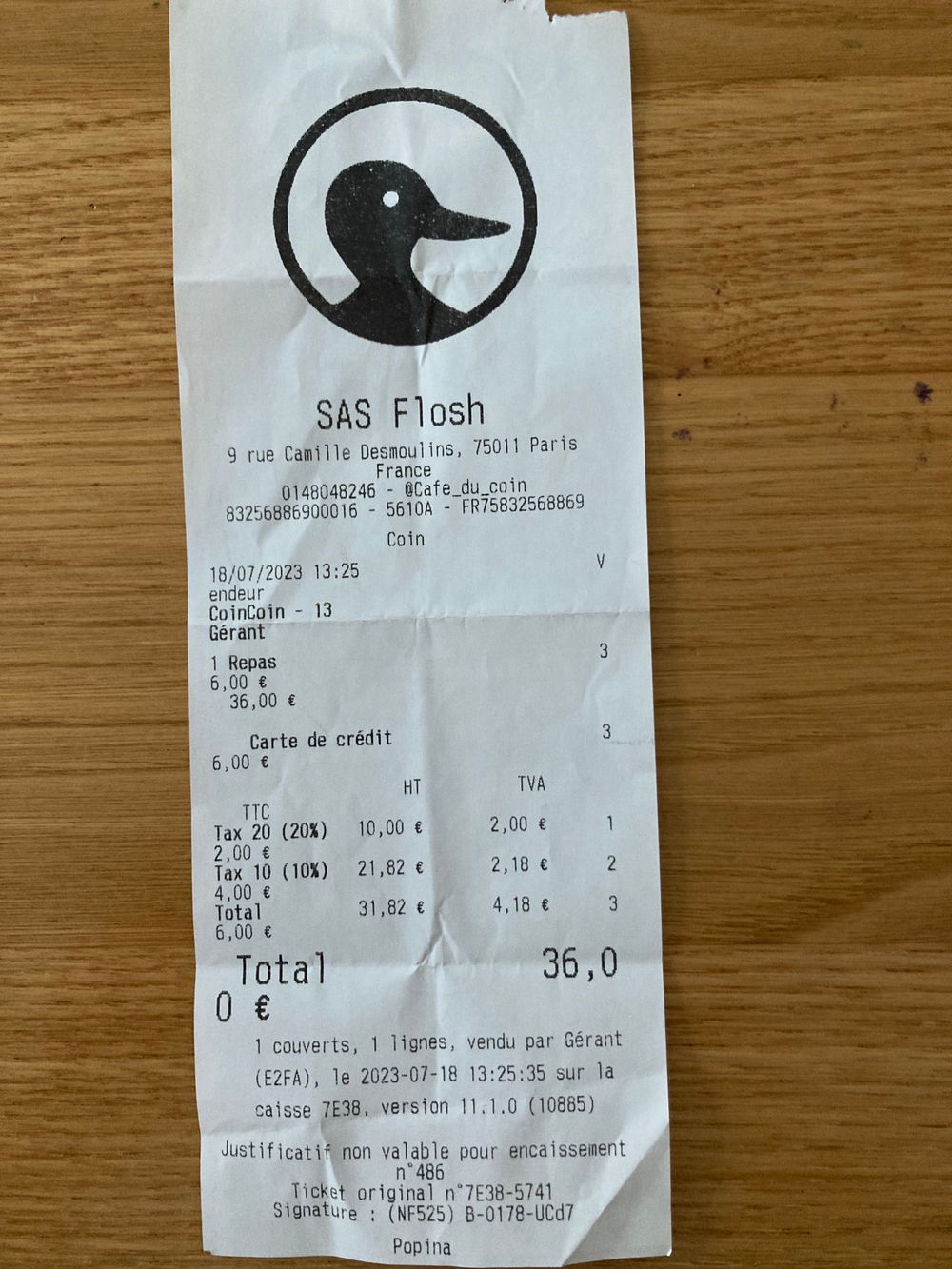 Addition Le Café du Coin