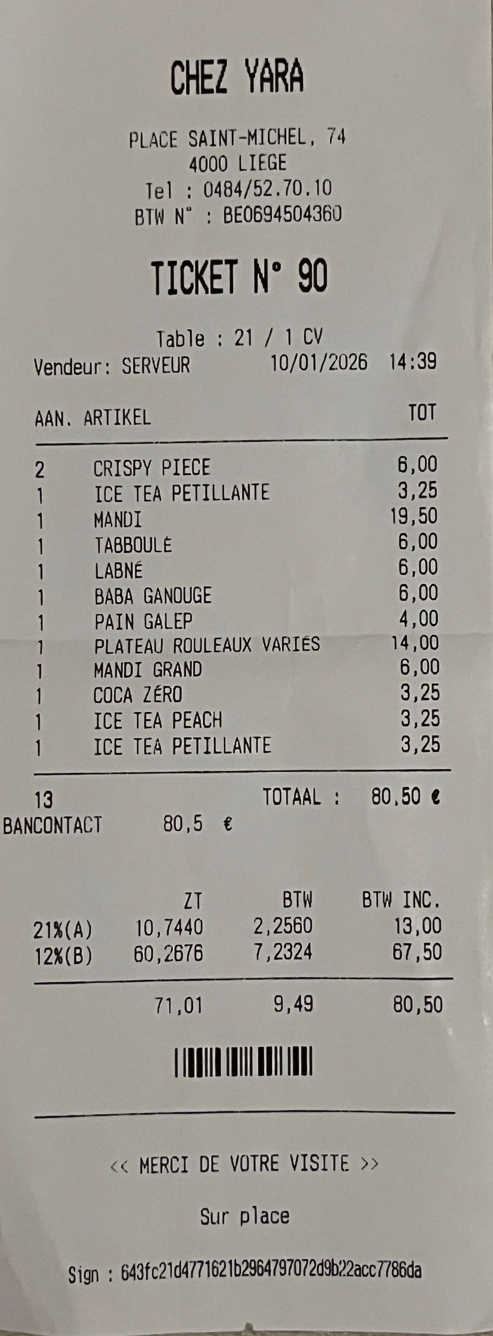 Chez Yara - Liège (remb fév 26)