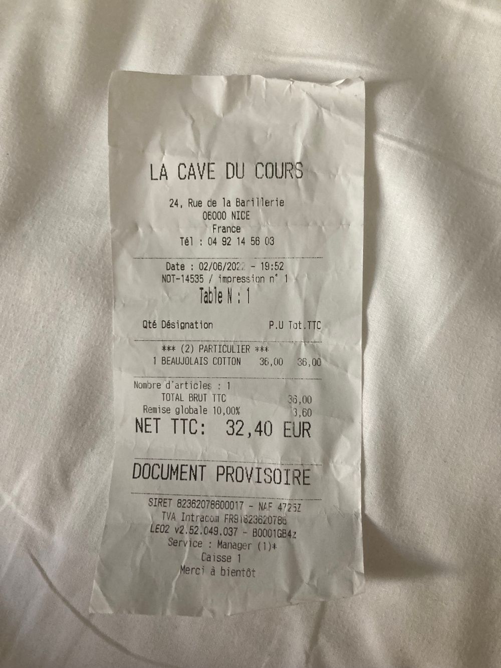 Facture La Cave du Cours