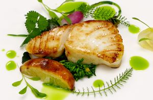 Skrei caramélisé, raviole végétale et légumes glacés
